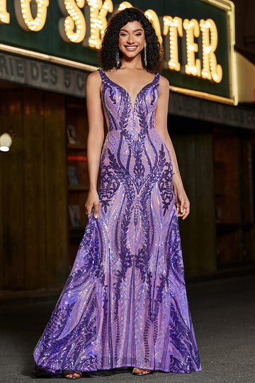 Sparkly Sirena Scollo a V Paillettes Viola Scuro Abito Lungo Prom con Schiena Aperta